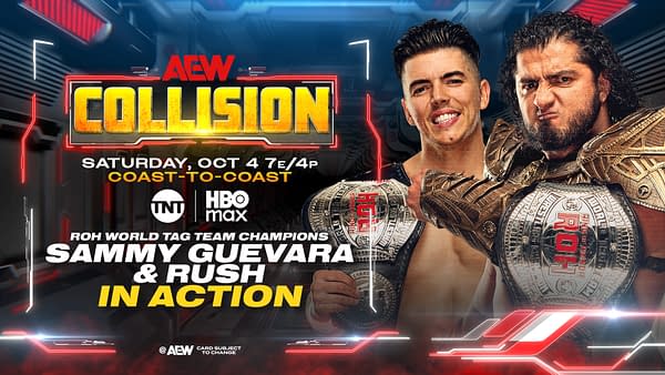 A promotional graphic for AEW Collision featuring two male wrestlers, Sammy Guevara and Rush, both showcasing their championship belts. The background features a futuristic design with the text 'AEW COLLISION' prominently displayed at the top.