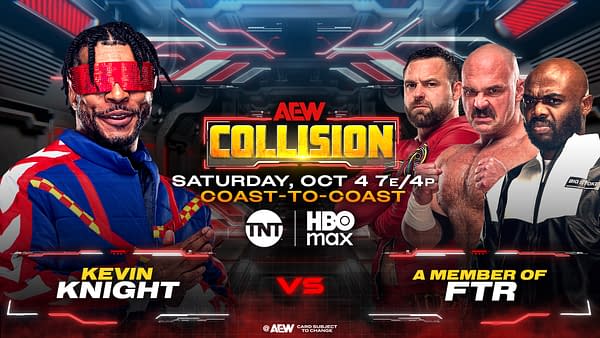Promotional graphic for AEW Collision featuring Kevin Knight and a member of FTR, set against a sci-fi background. The image includes date and time details for the event and logos for TNT and HBO Max.