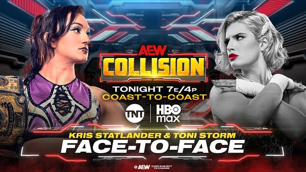 A promotional graphic for AEW Collision featuring wrestlers Kris Statlander and Toni Storm facing each other. Statlander wears a championship belt with a confident expression, while Storm is styled glamorously with red lips and vintage attire, both set against a high-tech background.