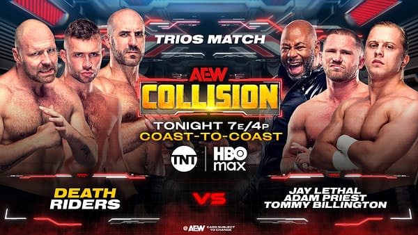 A promotional graphic for a wrestling event featuring two teams: Death Riders and Jay Lethal, Adam Priest, Tommy Billington. The graphic includes fighter images and event details for AEW Collision.