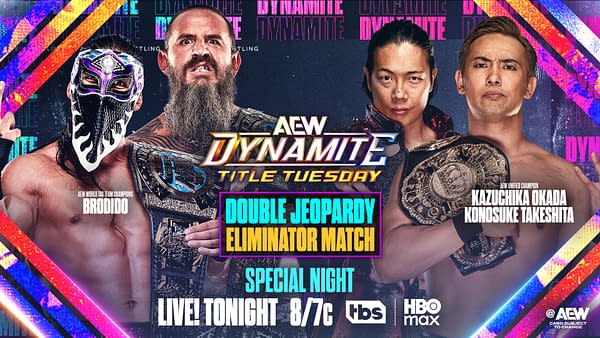 A promotional graphic for AEW Dynamite featuring two wrestlers, Brodido and another with a beard, holding championship belts, as well as two additional wrestlers, Kazuchika Okada and Konosuke Takeshita. The text indicates this is a special event titled "Double Jeopardy Eliminator Match".