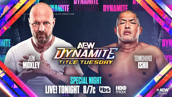 A digital promotional image for AEW Dynamite Title Tuesday featuring wrestlers Jon Moxley and Tomohiro Ishii. The vibrant background includes colorful graphics and the event title prominently displayed.