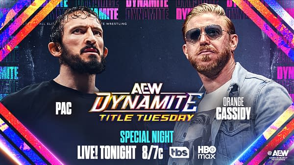 A promotional image for AEW Dynamite featuring two wrestlers, Pac and Orange Cassidy, with the event title 'Title Tuesday' prominently displayed. Bright colors and graphics are used in the background.