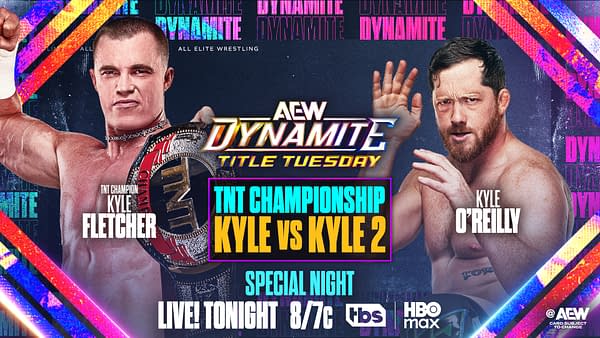 A wrestling promotional poster featuring two wrestlers. On the left is Kyle Fletcher, the TNT Champion, holding his championship belt, and on the right is Kyle O'Reilly, both are posed ready for a match titled 'Kyle vs Kyle 2.'