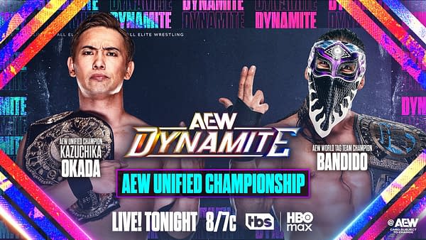 A promotional graphic for AEW Dynamite featuring two wrestlers: Kazuchika Okada, holding the AEW Unified Championship, and Bandido, wearing a colorful mask and holding the AEW World Tag Team Championship. The background is vibrant with the AEW Dynamite logo prominently displayed.