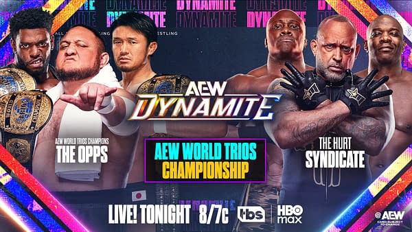 A dynamic promotional graphic for AEW Dynamite featuring two wrestling teams: The Opps and The Hurt Syndicate, alongside championship belts and the event details. The background includes colorful designs and logos related to AEW wrestling.