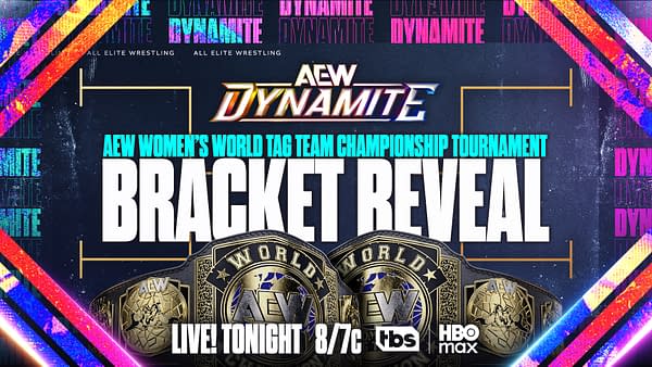A dynamic graphic for AEW's Women's World Tag Team Championship Tournament, featuring championship belts and the text 'Bracket Reveal' prominently displayed along with event details.