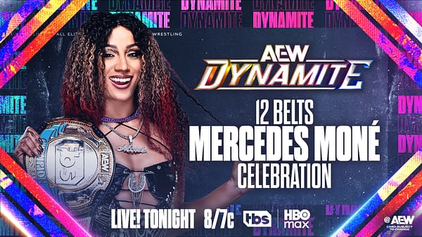 A digital poster celebrating Mercedes Moné, who is holding a championship belt. The background features vibrant colors and the AEW Dynamite logo, indicating a wrestling event.