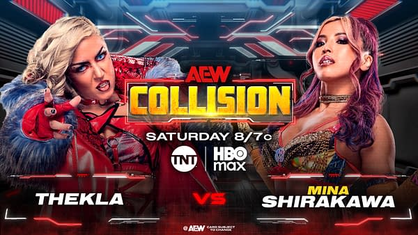 A promotional image for AEW Collision showcasing two wrestlers, Thekla and Mina Shirakawa, with intense expressions. The background features a futuristic design and highlights the event details.