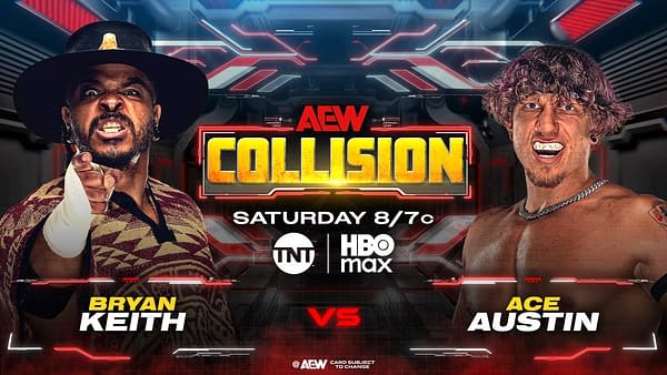 A promotional graphic for AEW Collision featuring two wrestlers facing off. On the left is Bryan Keith, displaying a serious expression, and on the right is Ace Austin, with a confident smile. The background includes bold graphics and the event details.