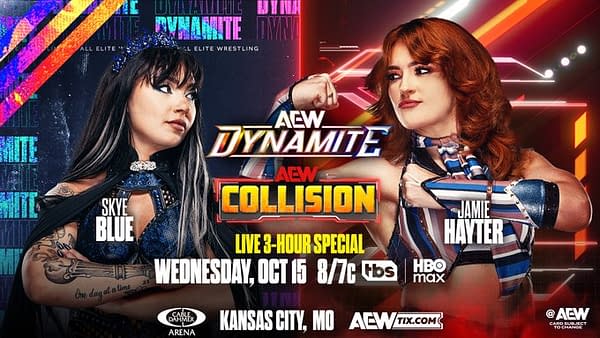 A promotional graphic featuring two professional wrestlers, Skye Blue and Jamie Hayter, positioned facing each other. The background includes elements representing AEW Dynamite and Collision, with colorful graphics and event details.