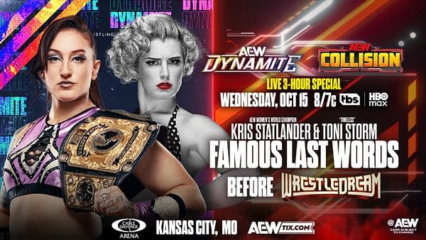 A promotional graphic for an AEW wrestling event featuring two female wrestlers, one holding a championship belt, with vibrant colors and event details.