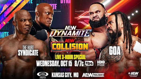 A promotional poster for AEW Dynamite and Collision featuring wrestlers from The Hurt Syndicate and GOA. The background includes colorful graphics and details about the event, scheduled for October 15, in Kansas City, MO.
