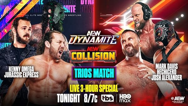 A promotional graphic for a wrestling event featuring two teams: Kenny Omega and Jurassic Express against Mark Davis, Hechicero, and Josh Alexander. Text indicates it's a live three-hour special on TBS, airing tonight at 8/7c.