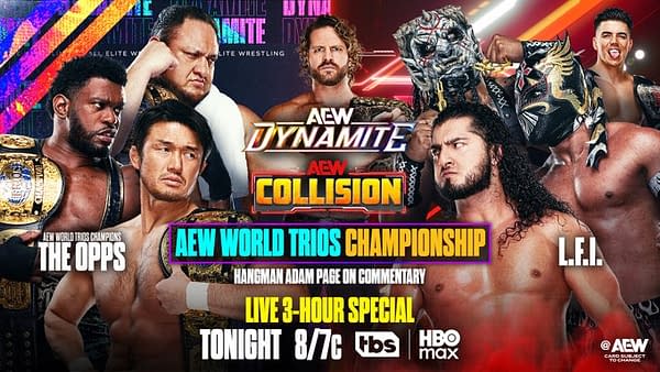 A promotional graphic featuring multiple professional wrestlers in a split composition. The top section displays the AEW Dynamite logo, while the bottom showcases the AEW Collision logo, alongside competition details for the AEW World Trios Championship.