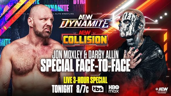 Two wrestlers, Jon Moxley and Darby Allin, are featured prominently in the promotional image, showcasing their intense rivalry. The backdrop includes vibrant colors and text indicating an AEW Dynamite and Collision special event.