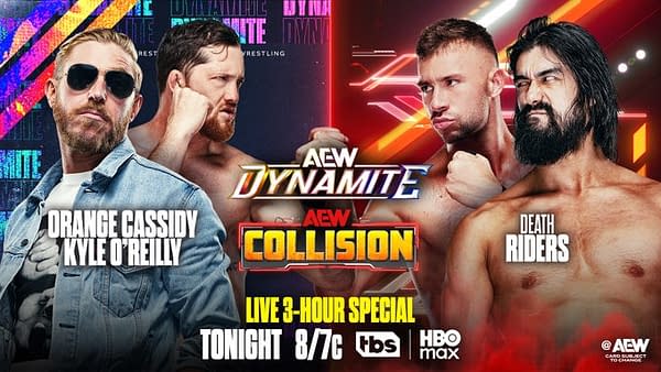 A promotional graphic for AEW featuring wrestlers Orange Cassidy and Kyle O'Reilly on one side, and a group identified as Death Riders on the other. The background includes colorful patterns and text labeling the event as 'AEW Dynamite' and 'AEW Collision,' promoting a live three-hour special.