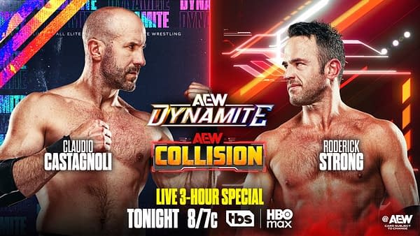 A promotional graphic for AEW featuring wrestlers Claudio Castagnoli and Roderick Strong. They are shown facing each other, indicating a match during the live special event.
