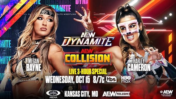 A promotional graphic for AEW wrestling featuring two women wrestlers, Megan Bayne and Harley Cameron, posing confidently. The event is highlighted as a live three-hour special airing on October 15, 2025, in Kansas City, MO.