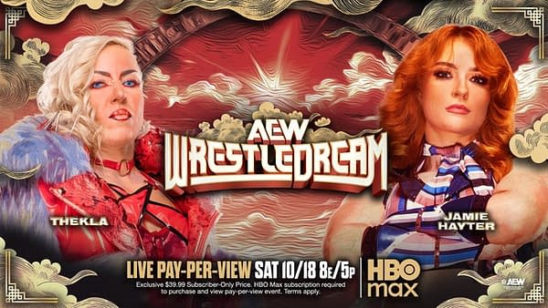 An illustration featuring two female wrestlers, Thekla on the left with blonde hair and a red outfit, and Jamie Hayter on the right with auburn hair in a blue and white outfit. The background includes decorative swirls and a stylized banner that reads 'AEW WrestleDream.'