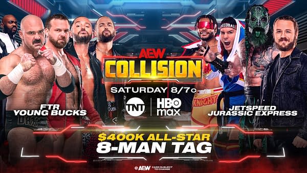 A promotional illustration for AEW Collision features eight professional wrestlers posing in a dramatic arrangement. The image includes bold text announcing a $400K All-Star 8-Man Tag match, along with logos for TNT and HBO Max.