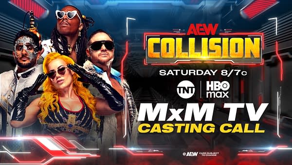 A promotional graphic for AEW Collision featuring four professional wrestlers posing. The background has a futuristic design with red and blue accents, while the text highlights the event details and a casting call.