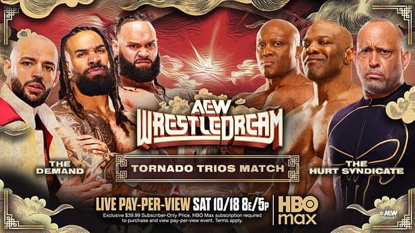 A promotional graphic for AEW WrestleDream featuring two groups of wrestlers. The image highlights a Tornado Trios Match with the event logo at the center, alongside details of the pay-per-view.