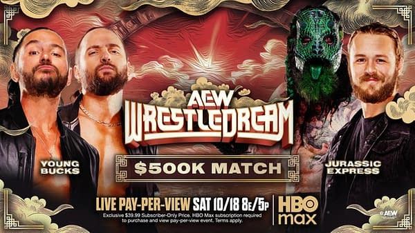 A promotional graphic for AEW WrestleDream featuring wrestlers Young Bucks and Jurassic Express. The graphic includes the event title, date, and pay-per-view details.