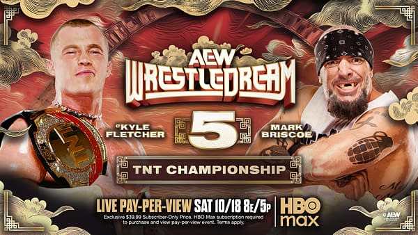 A promotional graphic for AEW's WrestleDream, featuring wrestlers Kyle Fletcher and Mark Briscoe. Kyle is shown holding the TNT Championship title with a confident expression, while Mark poses energetically, highlighting his tattoos. The background has an artistic design with clouds and the event title prominently displayed.
