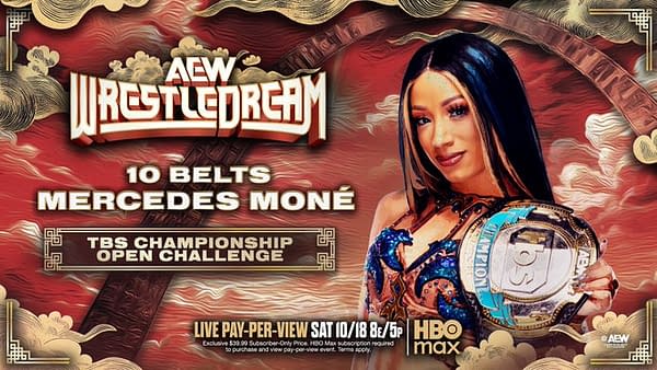 Graphic promoting AEW WrestleDream featuring Mercedes Moné, showcasing her championship belts and an open challenge. The design includes vibrant colors and event details at the bottom.