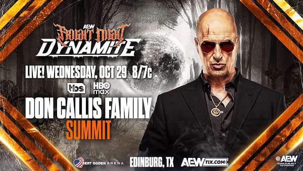 A promotional graphic for AEW's Fright Night Dynamite featuring a mysterious figure dressed in black with sunglasses, set against a spooky background with trees and a full moon. The text highlights the event details including the date, time, and the Don Callis Family Summit.