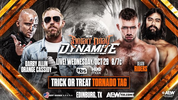 Promotional poster for AEW's Fright Night Dynamite featuring wrestlers Darby Allin, Orange Cassidy, and members of the Death Riders. The design includes a spooky background with Halloween themes.