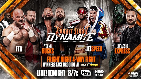 A promotional graphic for AEW Fright Night Dynamite featuring six wrestlers from various teams, including FTR, Young Bucks, JetSpeed, and Jurassic Express, with bold text announcing a 4-way fight and details about the event.