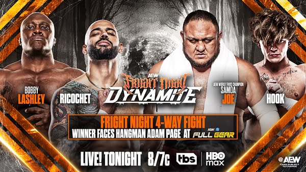 A promotional graphic for AEW featuring four wrestlers: Bobby Lashley, Ricochet, Samoa Joe, and Hook. The design includes a dark, spooky background and text announcing a fright night 4-way fight.