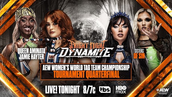 A promotional graphic for AEW Fright Night Dynamite featuring four wrestlers. Queen Aminata and Jamie Hayter are positioned on the left, while the Sisters of Sin appear on the right, all in vibrant costumes against a dramatic background with a full moon and spiderwebs.