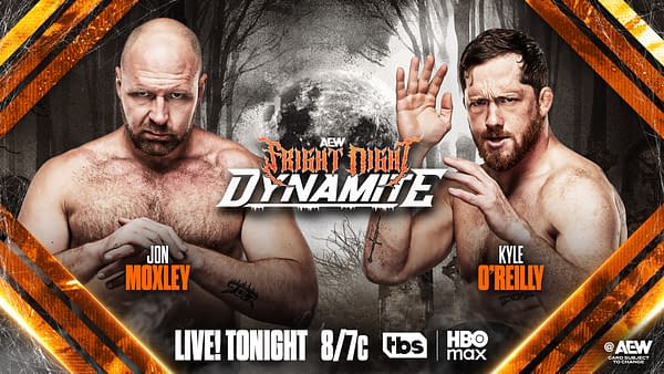 A promotional graphic for AEW's 'Fright Night Dynamite' featuring wrestlers Jon Moxley and Kyle O'Reilly, both in fighting poses. The background has a spooky theme with dark trees and a moon, while the text highlights the event details.