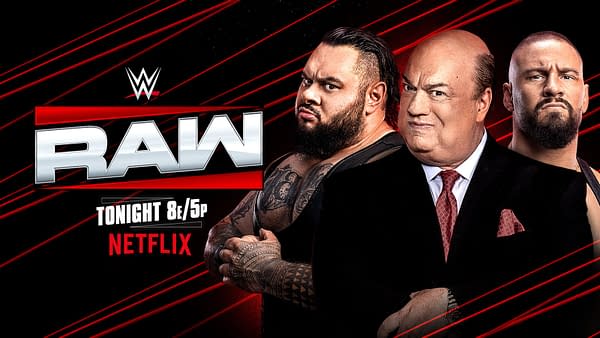 Promotional graphic for WWE Raw featuring three characters, with bold 'RAW' text and details about the show airing tonight on Netflix.