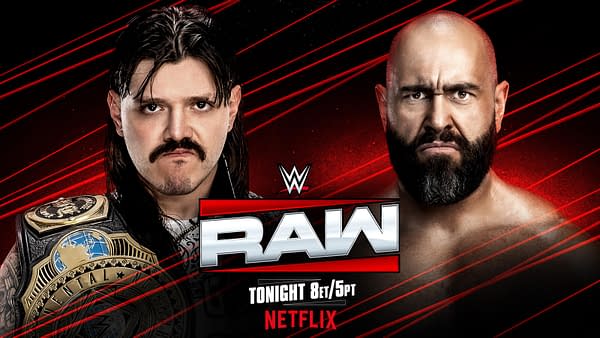 A WWE promotional graphic featuring two wrestlers facing off, one wearing a championship belt. The background has a bold red design with the WWE Raw logo prominently displayed.