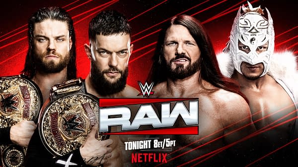 A promotional graphic for WWE Raw featuring four male wrestlers, two holding championship belts, set against a red background with bold text indicating the show's details.