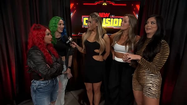 Nixon Newell and Miranda Alize appear poised to face off against Anna Jay and Tay Melo on AEW Collision. The scene captures four women interacting, with colorful hairstyles and stylish outfits in a backstage setting.