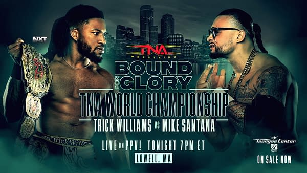 A promotional graphic for the TNA Bound for Glory event featuring two wrestlers: Trick Williams holding the TNA World Championship belt and Mike Santana, both facing off with intense expressions. The background shows a city skyline with event details.