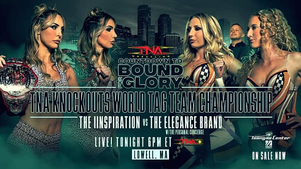 Promotional graphic for TNA Wrestling's Bound for Glory featuring four wrestlers posing with championship belts. The text highlights the TNA Knockouts World Tag Team Championship match between The Inspiration and The Elegance Brand.
