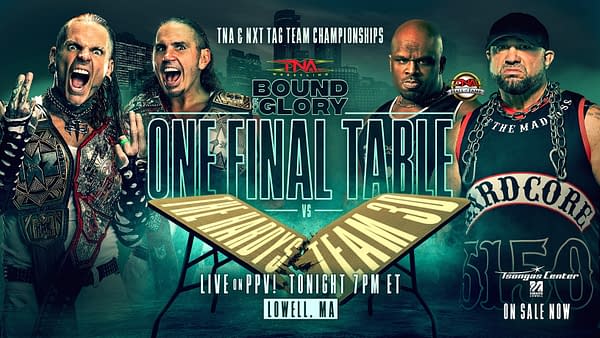 A promotional graphic for TNA Bound for Glory featuring the Hardy Brothers, known for their high-energy wrestling style, standing triumphantly with championship belts. The design includes a dramatic backdrop and text announcing a match against Team 3D at 'One Final Table'.