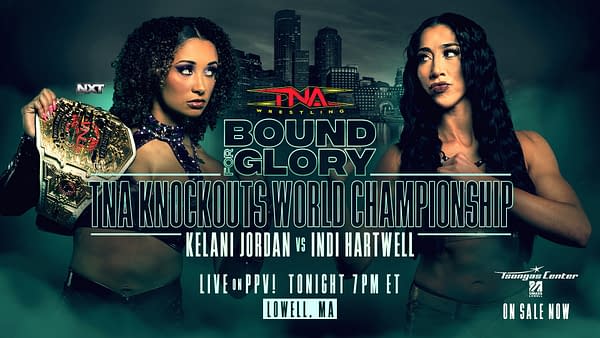 Promotional image for TNA Bound for Glory featuring two female wrestlers facing off. One wrestler holds the TNA Knockouts World Championship belt while the other looks determined. The background shows a city skyline.