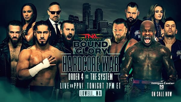 Promotional poster for TNA Bound for Glory featuring wrestlers in a dramatic pose, with a skyline background. Text displayed includes 'Hardcore War' and event details.