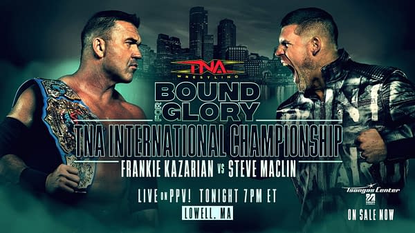 Promotional graphic for TNA Bound for Glory featuring two wrestlers, one with a championship belt, showcasing intense expressions against a city backdrop.