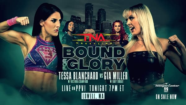 A promotional graphic for TNA Wrestling's 'Bound for Glory 8,' featuring wrestlers Tessa Blanchard and Gia Miller, along with their respective allies. The backdrop shows a city skyline and details the event time and location.