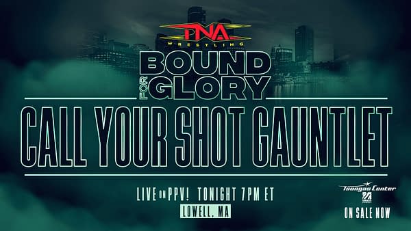 A promotional graphic for the TNA Bound for Glory wrestling event, featuring the event title, 'Call Your Shot Gauntlet,' and details about the live pay-per-view broadcast. The background shows a skyline and includes text highlighting the event's location and time.