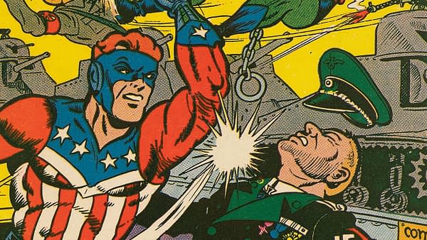 A colorful comic book illustration featuring a muscular superhero in a patriotic costume, striking a man in a military uniform. The scene depicts a dynamic action moment with an explosion in the background and various military elements.