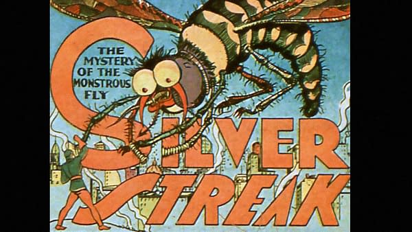 An illustration from Silver Streak Comics #3 featuring a large, cartoonish fly with exaggerated features, hovering over a cityscape while a small man attempts to fend it off. The title 'Silver Streak' is prominently displayed in bold letters.